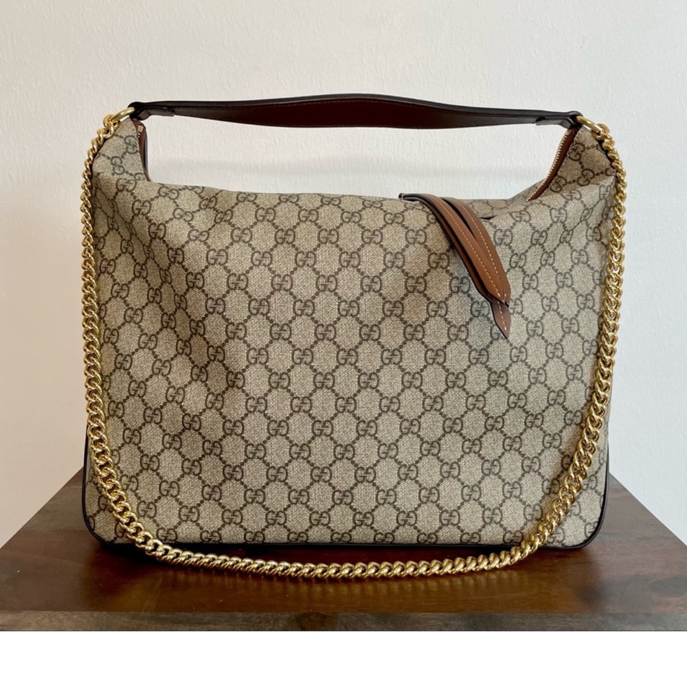 Gucci Gg Supreme Large Beige/Brown Coated Canvas Leather Hobo Bag